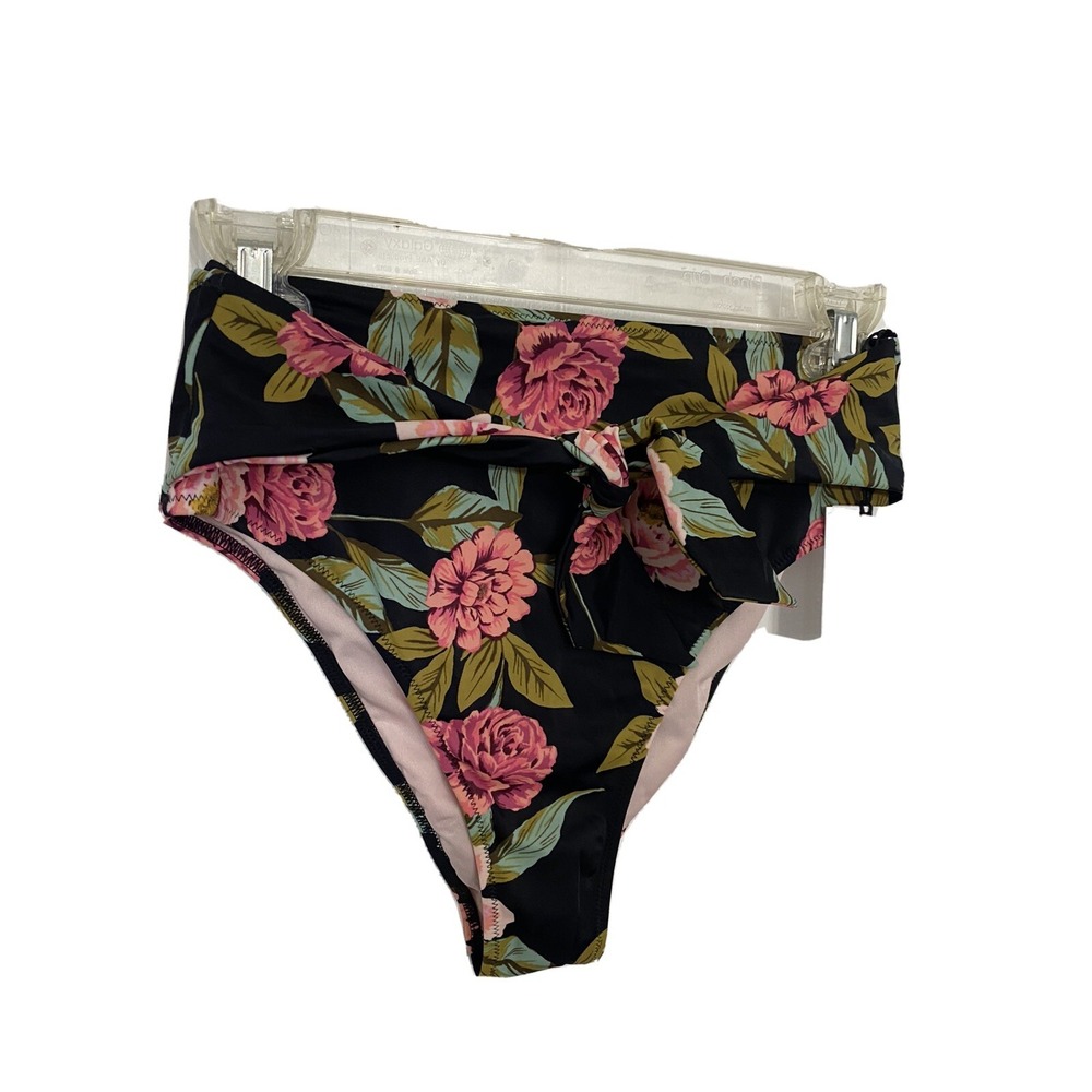 Shade & Shore Black Floral High Waisted Bikini Bottoms Extra Cheeky Y2K Size S